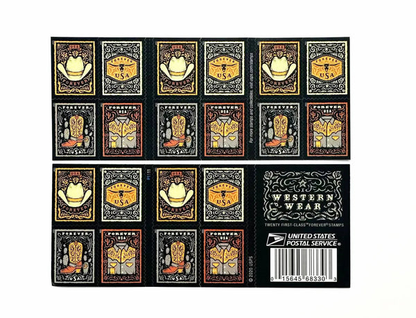 Western Wear (Cowboy Hat, Belt Buckle, Cowboy Boot with Spur, Western Shirt) Forever Postage Stamps USPS