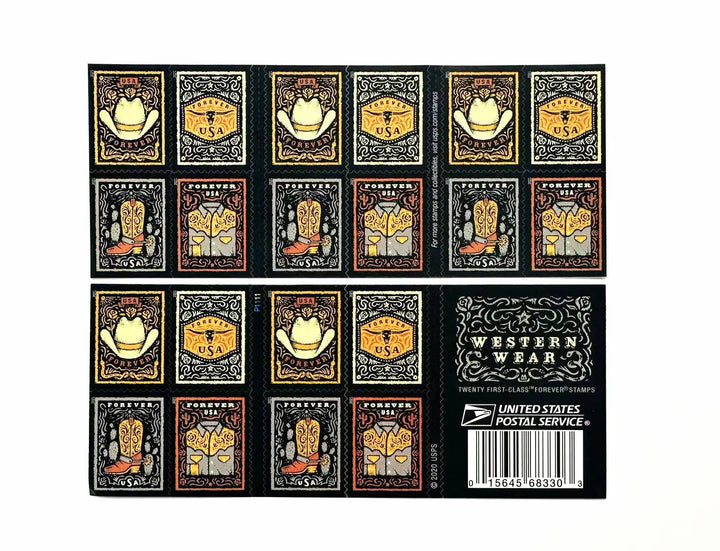 Western Wear (Cowboy Hat, Belt Buckle, Cowboy Boot with Spur, Western Shirt) Forever Postage Stamps USPS