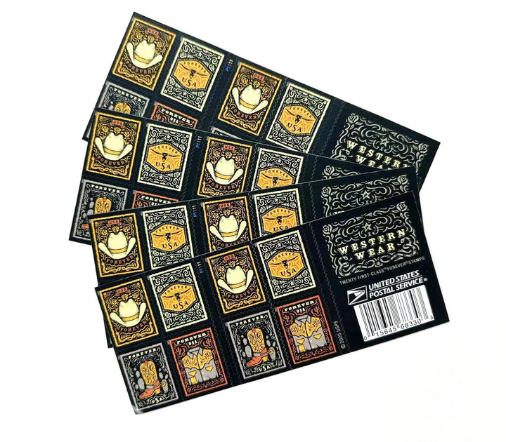 Western Wear (Cowboy Hat, Belt Buckle, Cowboy Boot with Spur, Western Shirt) Forever Postage Stamps USPS
