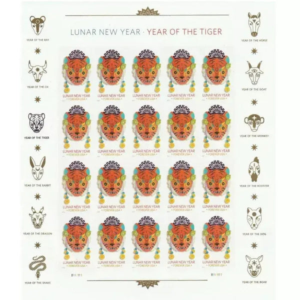 Year of the Tiger Celebrates Lunar New Year Forever Postage Stamps (1 Sheet = 20 Pcs) USPS